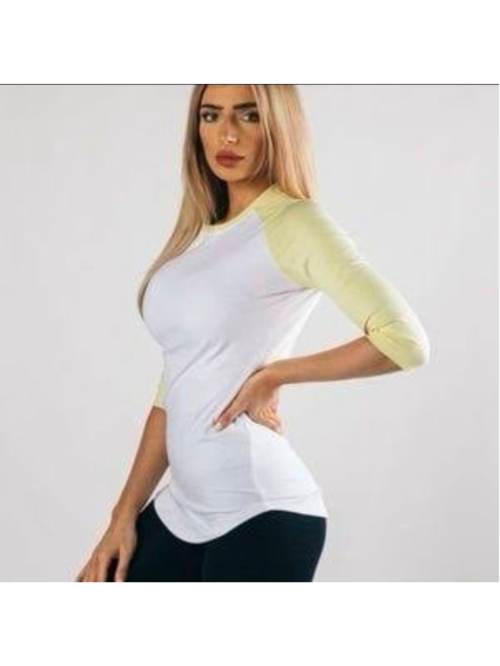 Alphalete Raglan Shirt XL White Yellow 3 4 Sleeve Performance Fit Athletic Tee N